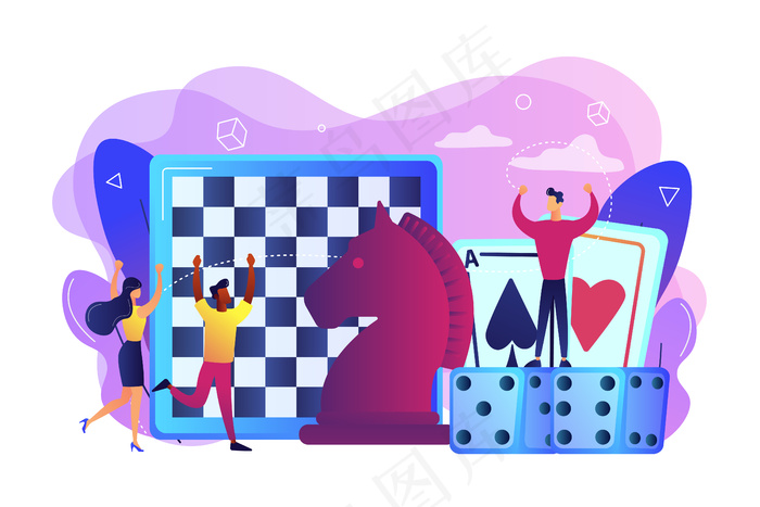 小人物下棋、玩扑克牌和掷骰子的娱乐活动。棋盘游戏、休闲活动、全家人活动理念。eps,ai矢量模版下载