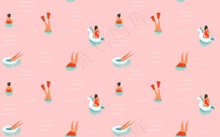 手绘抽象卡通夏日趣味插画粉色背景上的游泳人无缝图案