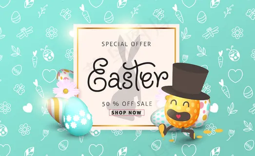 复活节销售横幅banner背景模板与美丽的彩色春花和卡通复活节彩蛋运行。