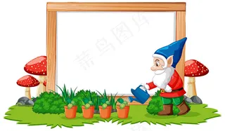 Gnome浇灌植物的位置在白色背景的空白横幅banner前面