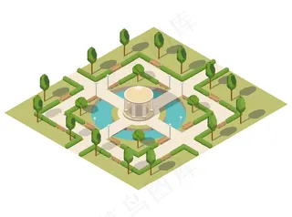 夏季城市等距公园，带池塘