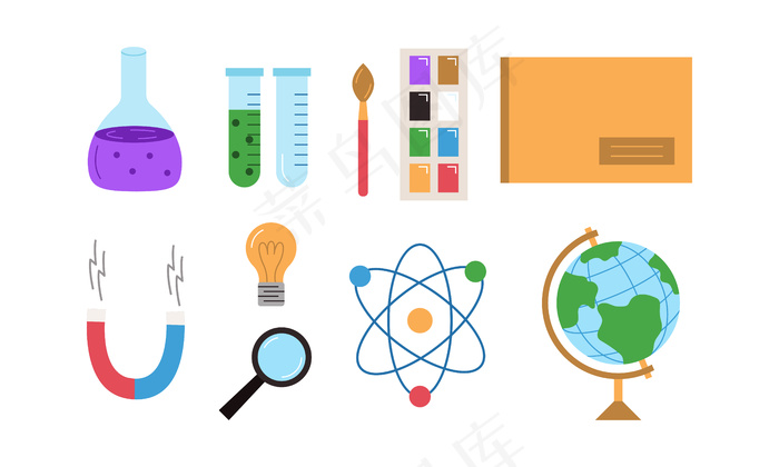矢量彩色学校用品在白色背景上设置孤立的主题符号