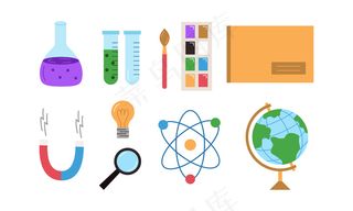 矢量彩色学校用品在白色背景上设置孤立的主题符号