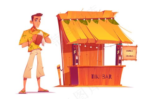 调酒师和木制提基酒吧，白色背景上隔离着部落面具