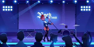 在舞台上表演摇滚音乐会的歌手。现场女子用麦克风演唱，现场观众用现场仪器、设备和照明观看演出。