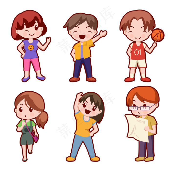 可爱的女孩和男孩卡通人物集合集，独立插图，eps,ai矢量模版下载