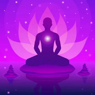 梦幻莲花背景下的人体坐禅剪影