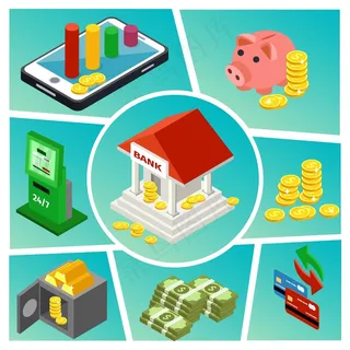等距的银行和金融构成，带在线支付建筑小猪银行硬币货币金条信用卡atm机
