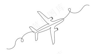 飞机在一个连续的线条图。可编辑笔划。线性样式的简单矢量插图