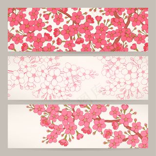 一套三个美丽的横幅banner与粉红色的樱桃花
