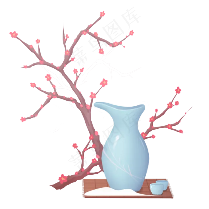 卡通手绘冬季梅花蓝色酒壶免扣P(2000X2000(DPI:300))psd模版下载