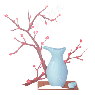 卡通手绘冬季梅花蓝色酒壶免扣P