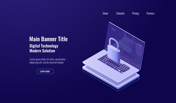 数据安全等轴测屏蔽概念、带锁笔记本电脑、帐户保护、安全互联网