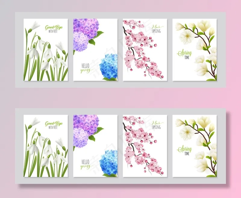 写实雪花旗帜banner集四个花卉背景与花卉和文字插图的现实图像