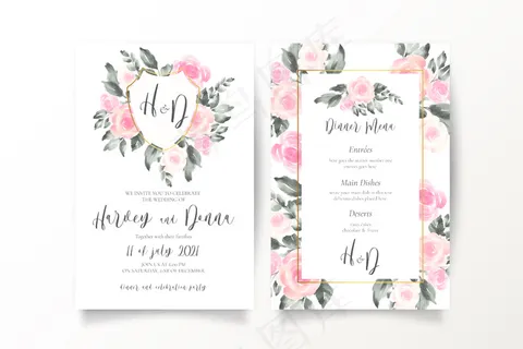 软粉色婚礼请柬和菜单模板