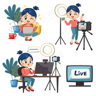 一组可爱的博主女用笔记本电脑和台式电脑在家办公的卡通人物和不同的情感，孤立的矢量插图
