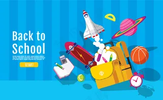 回到学校，书籍灵感，在线学习，在家学习，平面设计矢量图