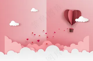 在情人节的云端，折纸气球的心和许多小心形一起在天空中飞翔。