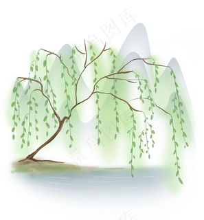 古风春天河边的柳树,免抠元素