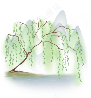 古风春天河边的柳树,免抠元素