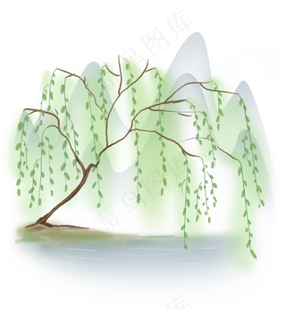 古风春天河边的柳树,免抠元素