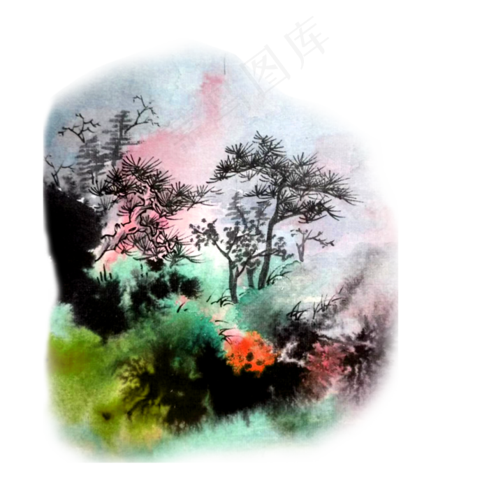 水墨中国画线描梦幻晕染PNG,免抠元素