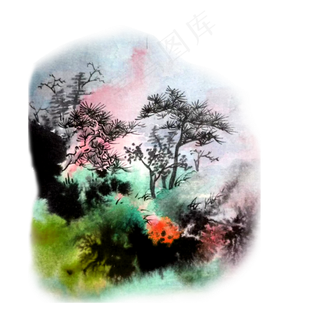 水墨中国画线描梦幻晕染PNG,免抠元素