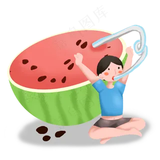大暑男孩创意喝西瓜汁素材
