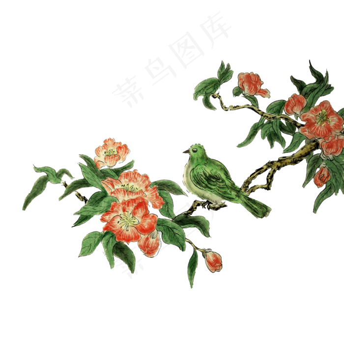 水墨国画花鸟绿鸟PNG红花绿鸟,免抠元素(4000X4000(DPI:300))psd模版下载
