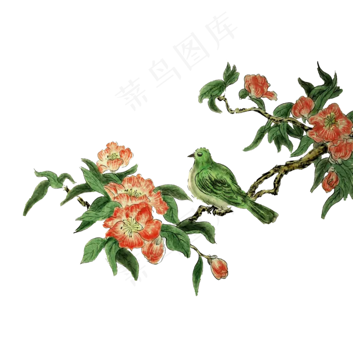 水墨国画花鸟绿鸟PNG红花绿鸟,免抠元素(4000X4000(DPI:300))psd模版下载