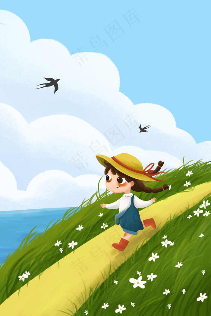 春天女孩童趣游玩春游插画小清新治愈