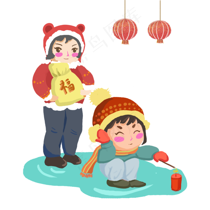 春节传统习俗放鞭炮手绘插画,免抠元素