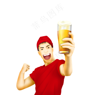 卡通男子手端啤酒开心大笑元素,免抠元素