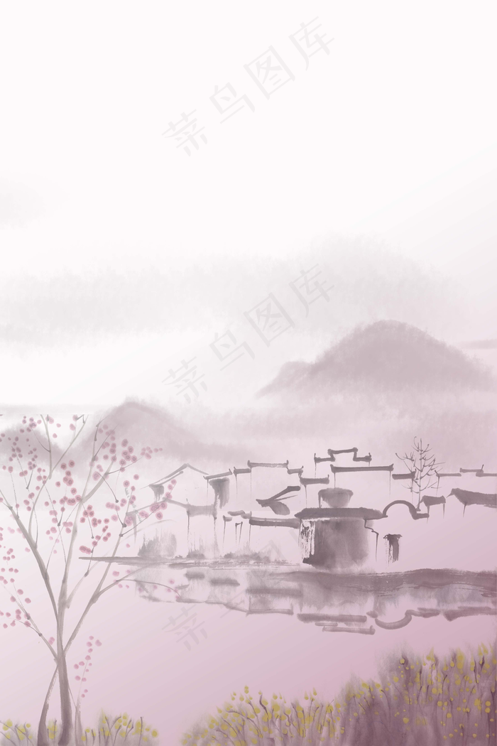 中国风高山古村红色背景素材