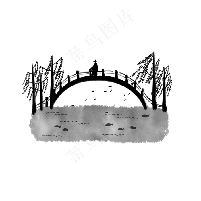 清明节黑白色系水墨河流柳树小桥(2100X2100(DPI:300))psd模版下载