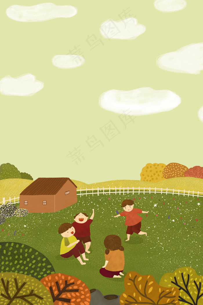 乡村秋天儿童玩耍场景图