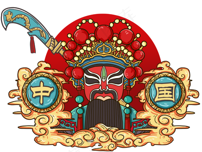 关羽脸谱国风京剧,免抠元素(3000*2256px 300 dpi )psd模版下载