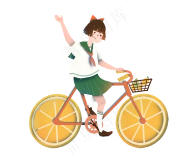 橙色小清新女孩骑柠檬单车创意水