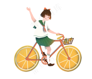 橙色小清新女孩骑柠檬单车创意水