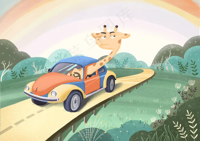 长颈鹿开车去春游(3508X2480(DPI:300))psd模版下载