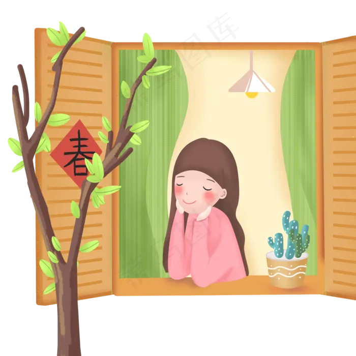 立春时节小女孩看窗外的叶子抽芽