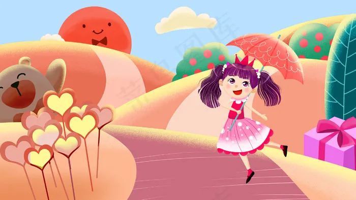 黄色系卡通手绘风儿童节节日小女孩配图(2880*1620px 300 dpi )psd模版下载