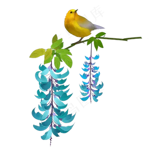 中国风花卉蓝色翡翠葛黄色鸟装饰,免抠元素