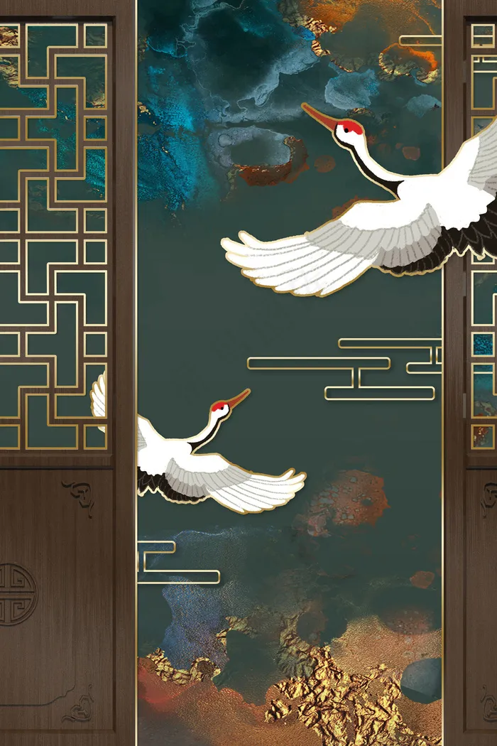 新中式仙鹤绿色中国风装饰画(800*3584px 300 dpi )psd模版下载