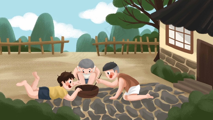 夏天夏季老房子童年记忆孩子斗蟋蟀游戏(2880*1620px 300 dpi )