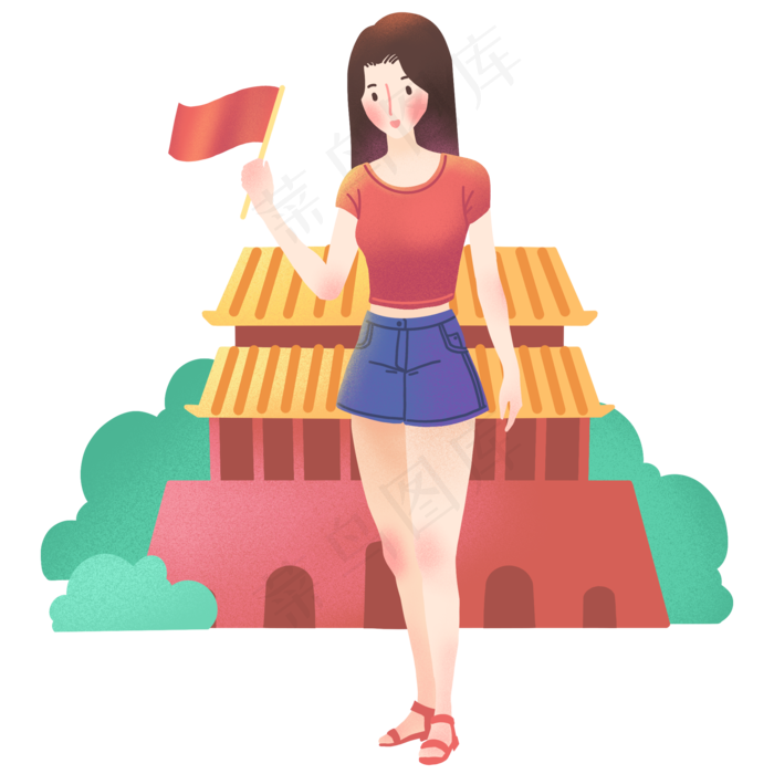 国庆节女孩国旗