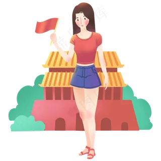 国庆节女孩国旗