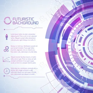 虚拟技术背景，由未来的圆形用户触摸屏元素和带有图标的文本段落组成