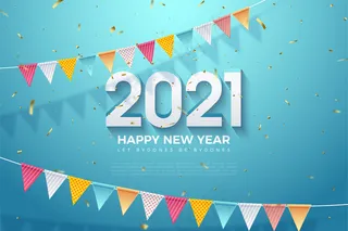 2021年新年快乐，背景为3d，上下两排旗帜banner