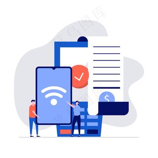 Nfc技术概念，包括字符、账单、智能手机、信用卡和销售点终端。